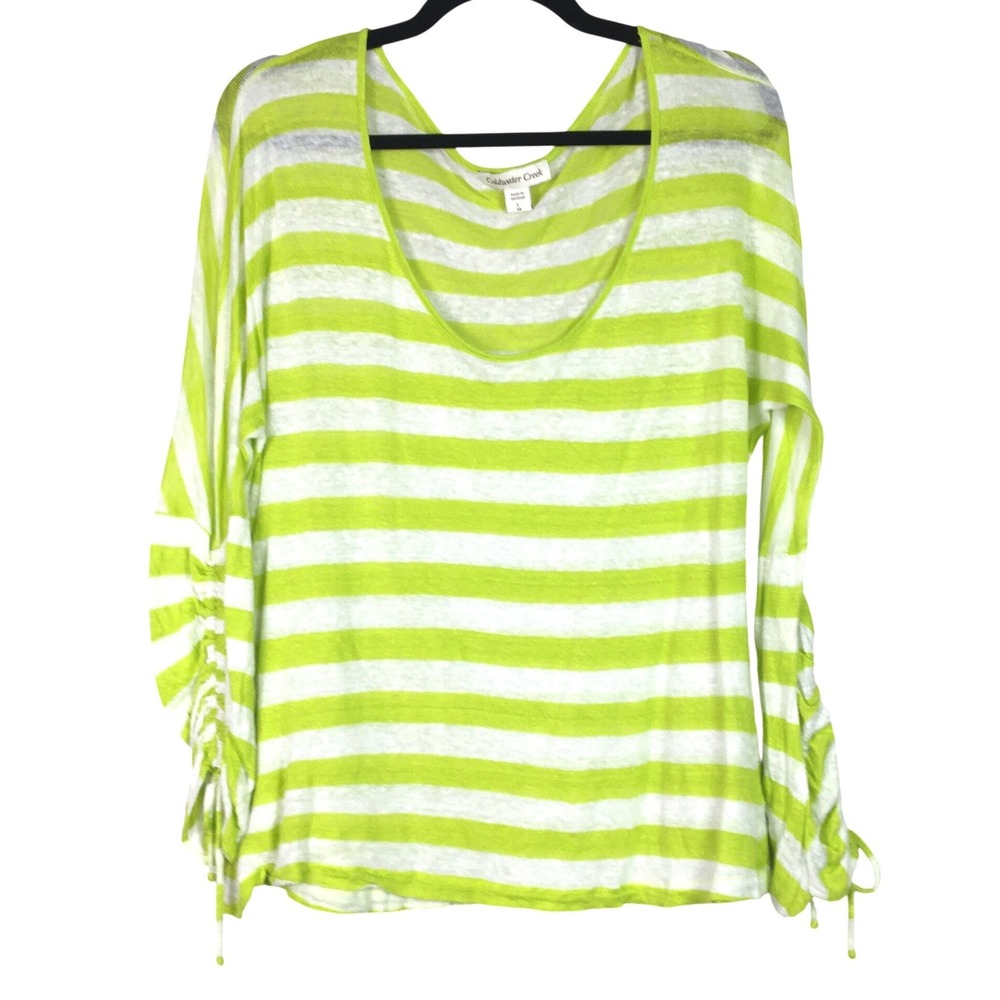 Coldwater Creek Striped Ruched Sleeve Linen Top Size L 14 Lime Green